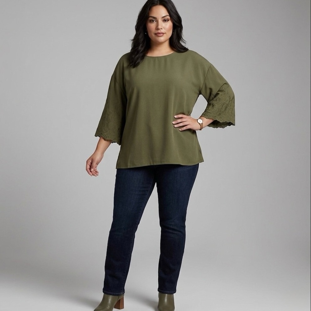Bobeau Embroidered Statement Sleeve Boho-Chic Army Green Crepe Blouse Size 1X